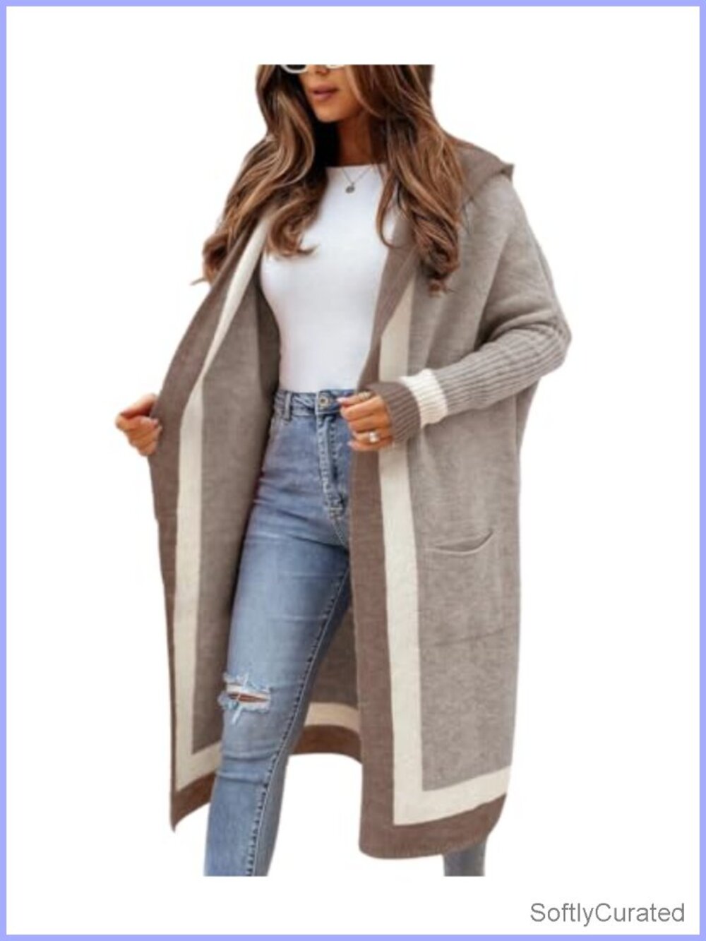 Oversized Hooded Long Cardigan Sweater with Pockets Color Block
